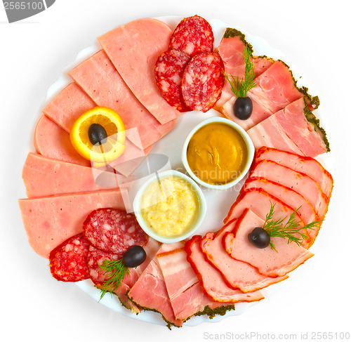 Image of sausage sliced?? mustard isolated plate isolated a on white 