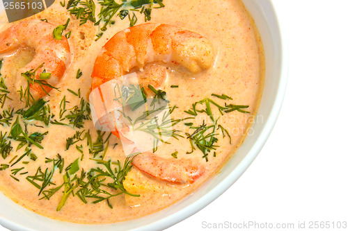 Image of shrimp soup dill in a bowl isolated on white background clipping