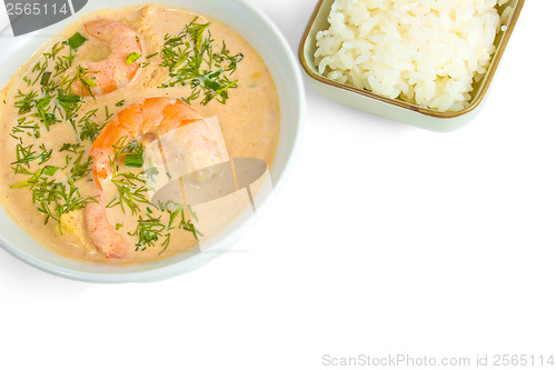 Image of shrimp soup rice plate isolated on white background