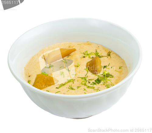 Image of mushrooms and soup plate isolated on white background clipping p