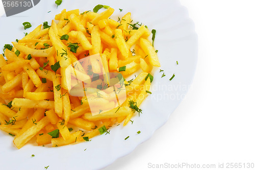 Image of potatoes and fries plate dill isolated a on white background