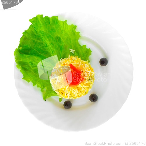 Image of fresh salad with olives rice egg cucumbers and tomatoes on white