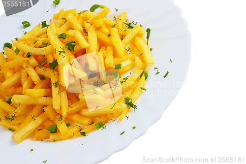 Image of potatoes and fries plate dill isolated a on white background cli