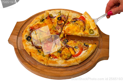 Image of pizza tasty mushrooms cheese on wooden tray close up white backg