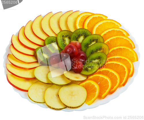 Image of plate apple a kiwi grapes sliced isolated on white background cl