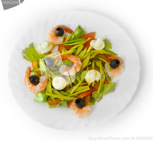 Image of dish meal shrimp salad olives isolated on white background