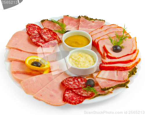 Image of sausage sliced ham mustard isolated plate isolated a on white ba