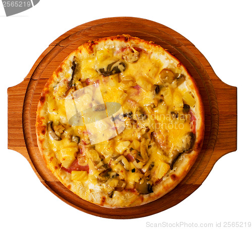 Image of appetizing mushrooms pizza cheese on wooden tray isolated