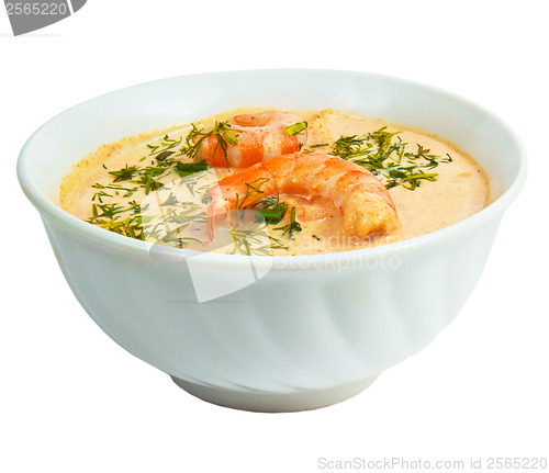 Image of shrimp soup dill bowl isolated on white background clipping path