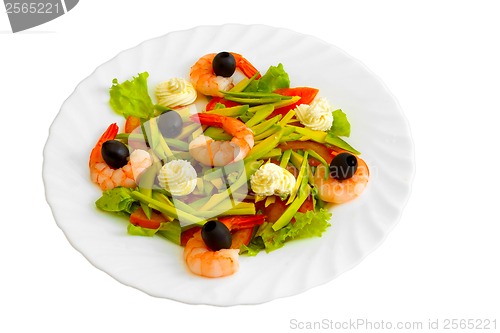 Image of Fresh Shrimp salad with olives and cream on a white background (