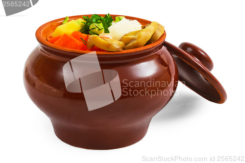 Image of potatoes food pot mushrooms carrot isolated on white ba