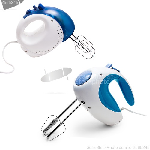 Image of set kitchenware electric mixer blue Isolated