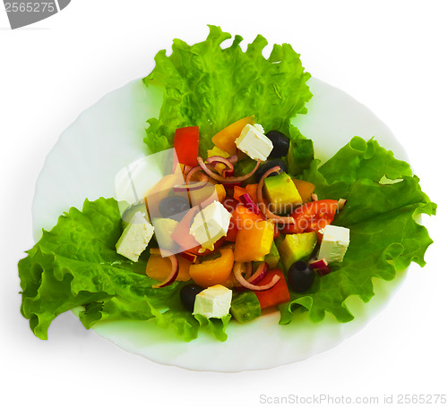 Image of cheese cucumber tomato sheet plate isolated on white background