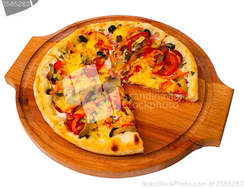 Image of cheese appetizing tray close pizza with wooden up white backgrou