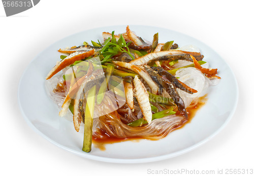 Image of rice extract fish plate long macaroni isolated on white backgrou