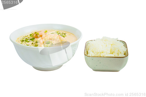 Image of soup shrimp rice plate isolated on white background clipping pat