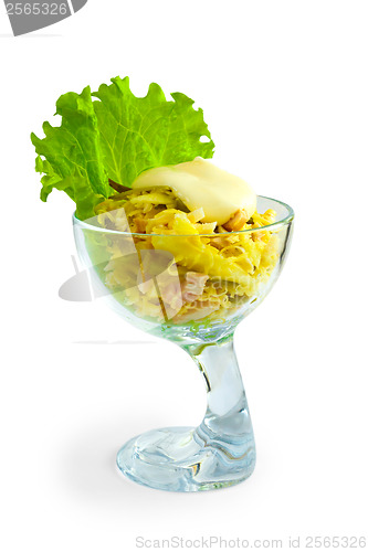 Image of cheese sausage salad isolated on a white background