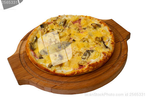 Image of baked pizza mushrooms fast dinner crust italian food cheese isol