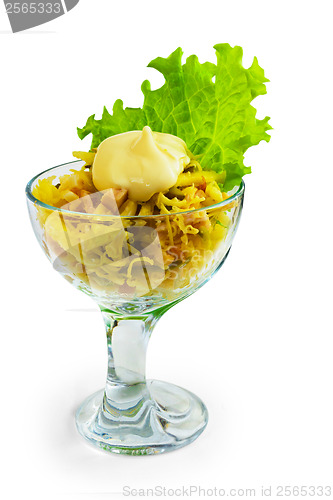 Image of cheese tasty sausage salad isolated white background
