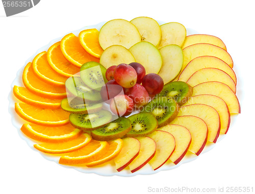 Image of apple kiwi grapes plate sliced isolated on white background clip
