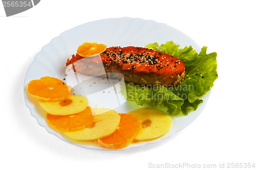 Image of plate fish tasty boiled salad isolated on white background