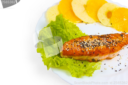 Image of fish boiled and salad plate isolated on white background