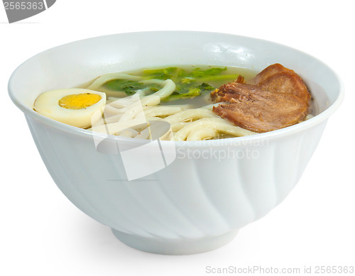 Image of soup beef and pasta egg isolated on white background