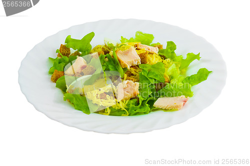 Image of cheese sausage and bread salad isolated on a white background cl