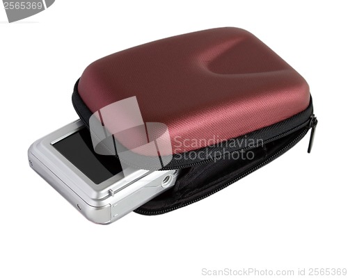 Image of digital camera in a brown pouch