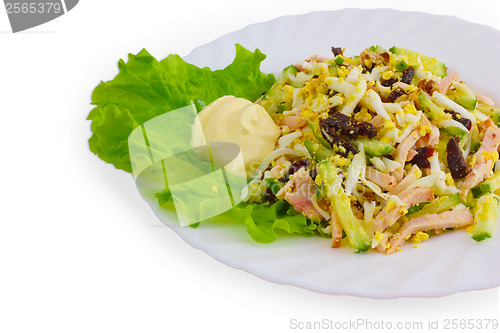 Image of salad and sausage food plate isolated on a white background 