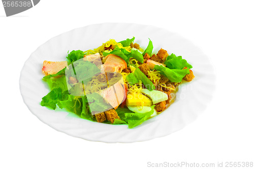 Image of snack salad ham cheese egg fried bread and greens on a white bac