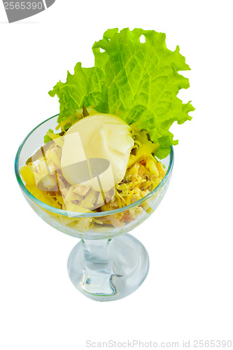 Image of cheese sausage and salad isolated on a white background clipping