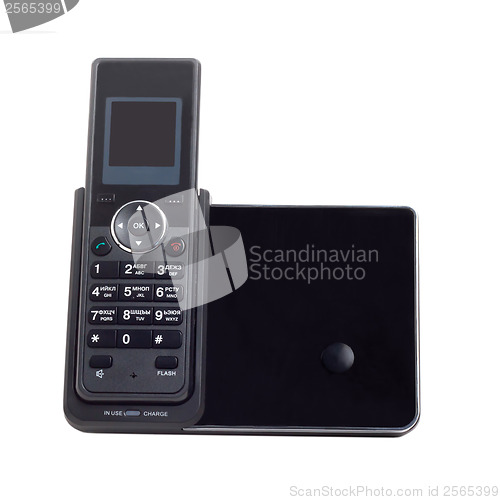 Image of wireless black cordless phone isolated on a white background