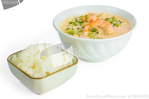 Image of soup food shrimp rice plate isolated white background