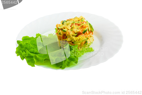 Image of lettuce a cucumbers tomatoes mayonnaise apple isolated on white