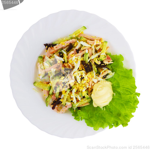 Image of salad sausage food plate isolated white background clipping path