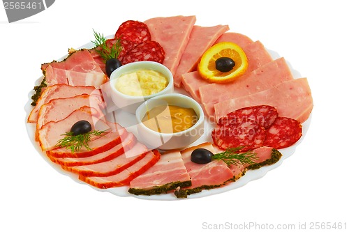 Image of food sausage sliced ham mustard isolated plate on white backgrou