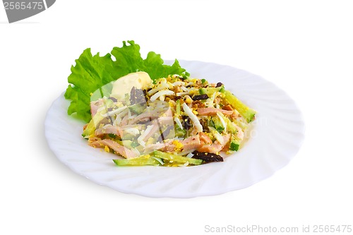 Image of fresh salad with ham, egg and vegetables isolated on white backg
