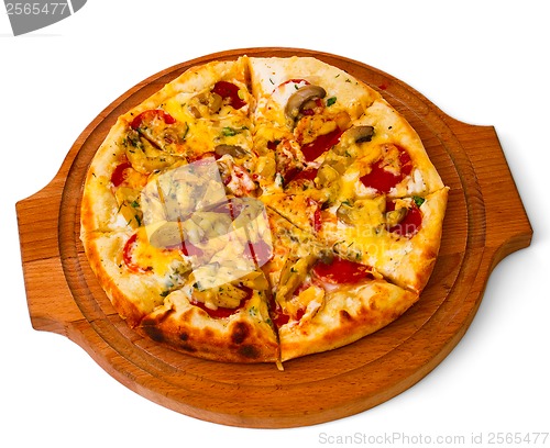 Image of tasty mushrooms pizza with cheese on wooden tray close up white