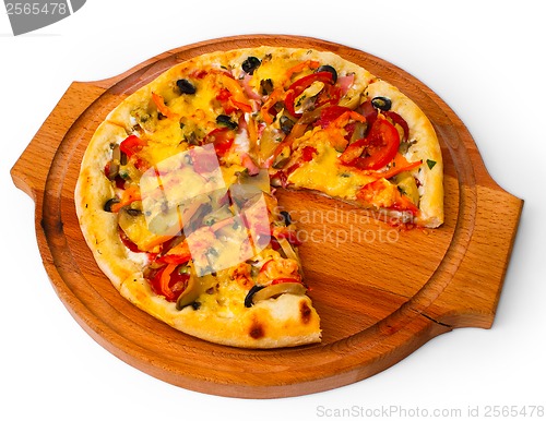 Image of cheese appetizing tray close pizza with wooden up white backgrou