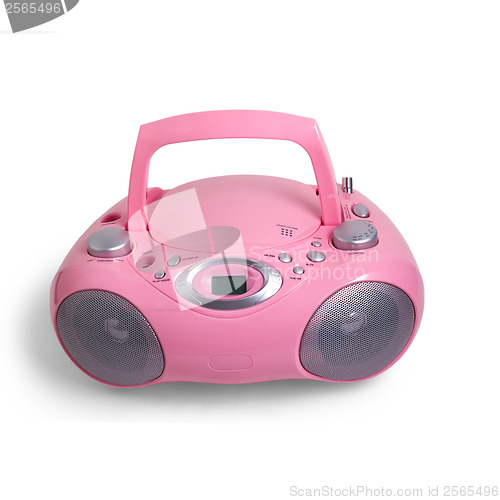 Image of mp3 pink stereo cd radio recorder isolated on a white background