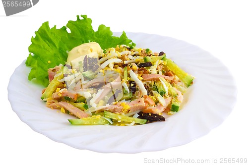 Image of fresh salad with ham, egg and vegetables isolated on white backg