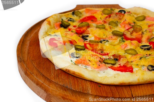 Image of large pizza tasty cucumber on white background