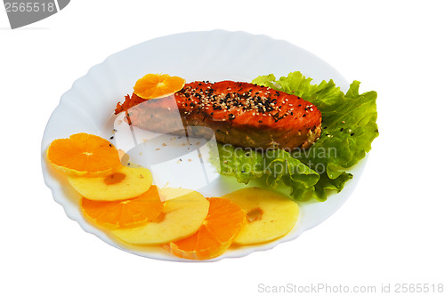 Image of plate fish tasty boiled salad isolated on white background clipp