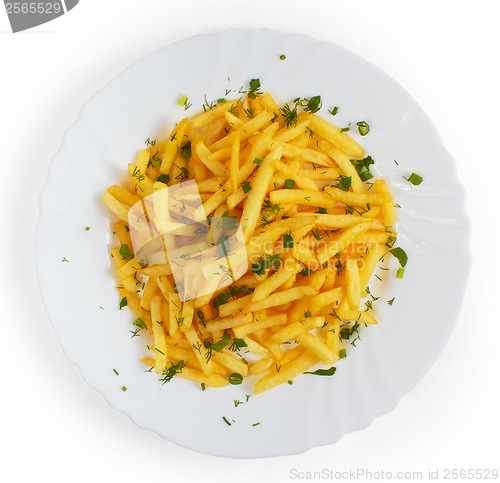 Image of potatoes tasty fries plate dill isolated on white background