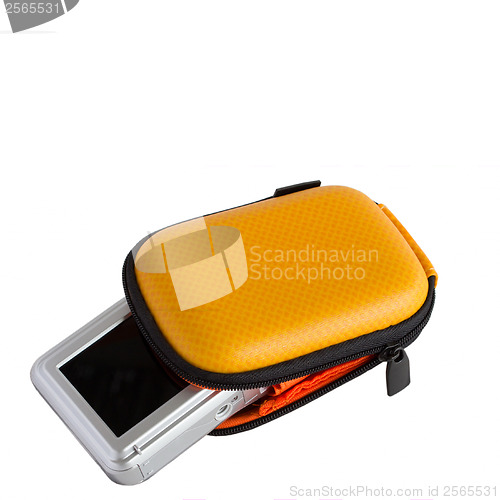 Image of yellow case for digital camera on a white background