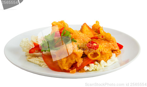 Image of fried fish dish meal  isolated a on white background clipping pa