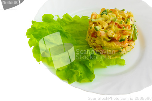 Image of lettuce and cucumbers tomatoes mayonnaise apple isolated on whit