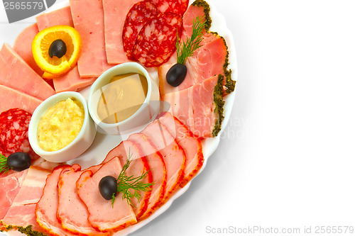 Image of sausage sliced?? mustard isolated plate isolated on white ba