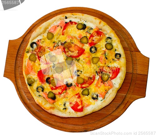 Image of tasty large pizza cucumber on white background (clipping path)